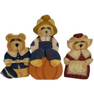 VTG 1980s Thanksgiving Bear Pilgrims Fall Pumpkin Wooden Standing Hand Painted